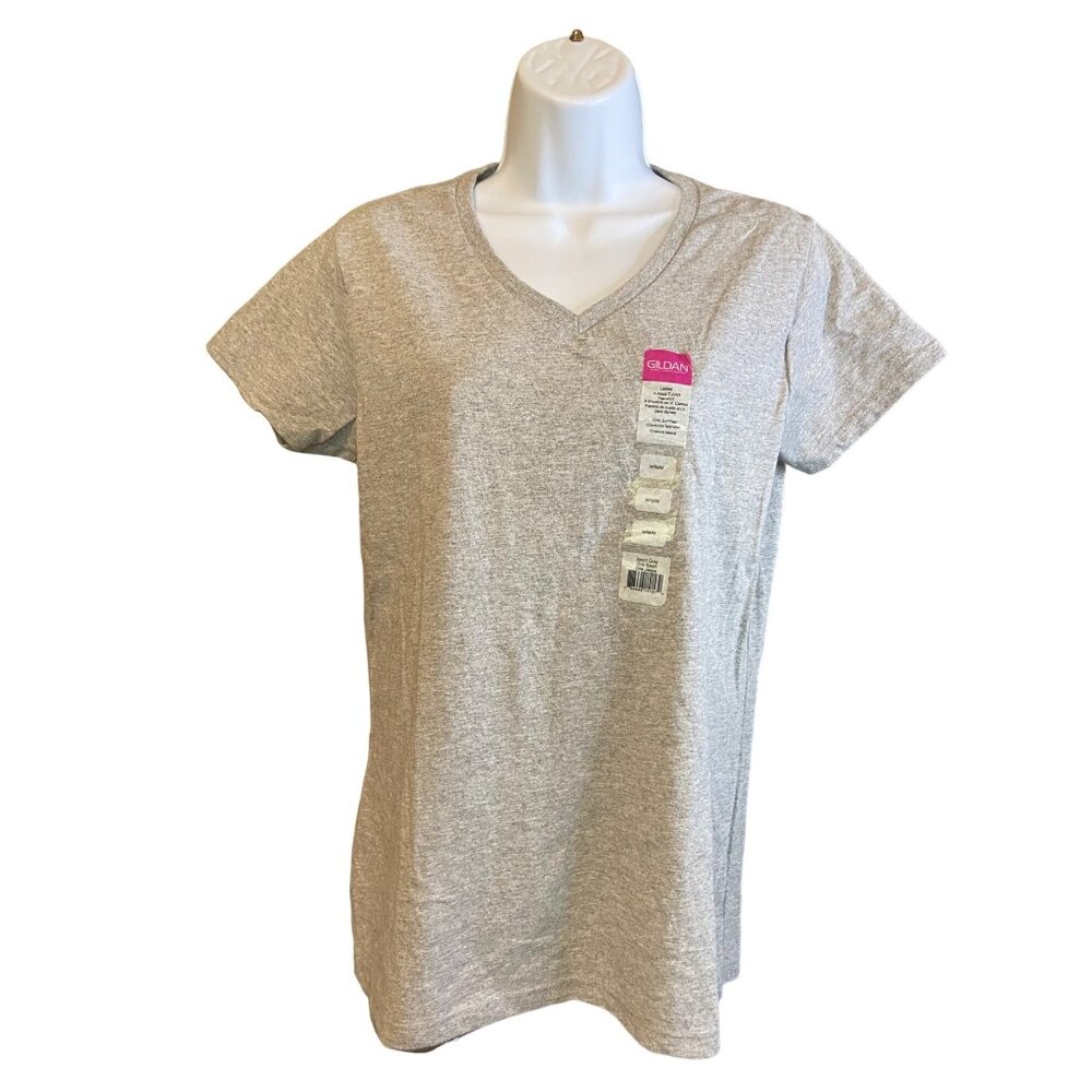 Gildan Womens Medium Heather Gray V-Neck T-Shirt Lightweight Streetwear